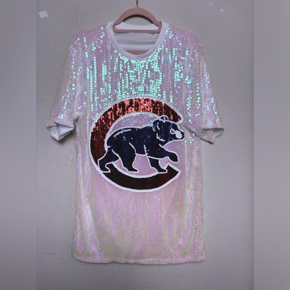 Chicago Cubs MLB Baseball White Sequined Logo Oversized T-Shirt Mini Dress M L - Picture 1 of 8